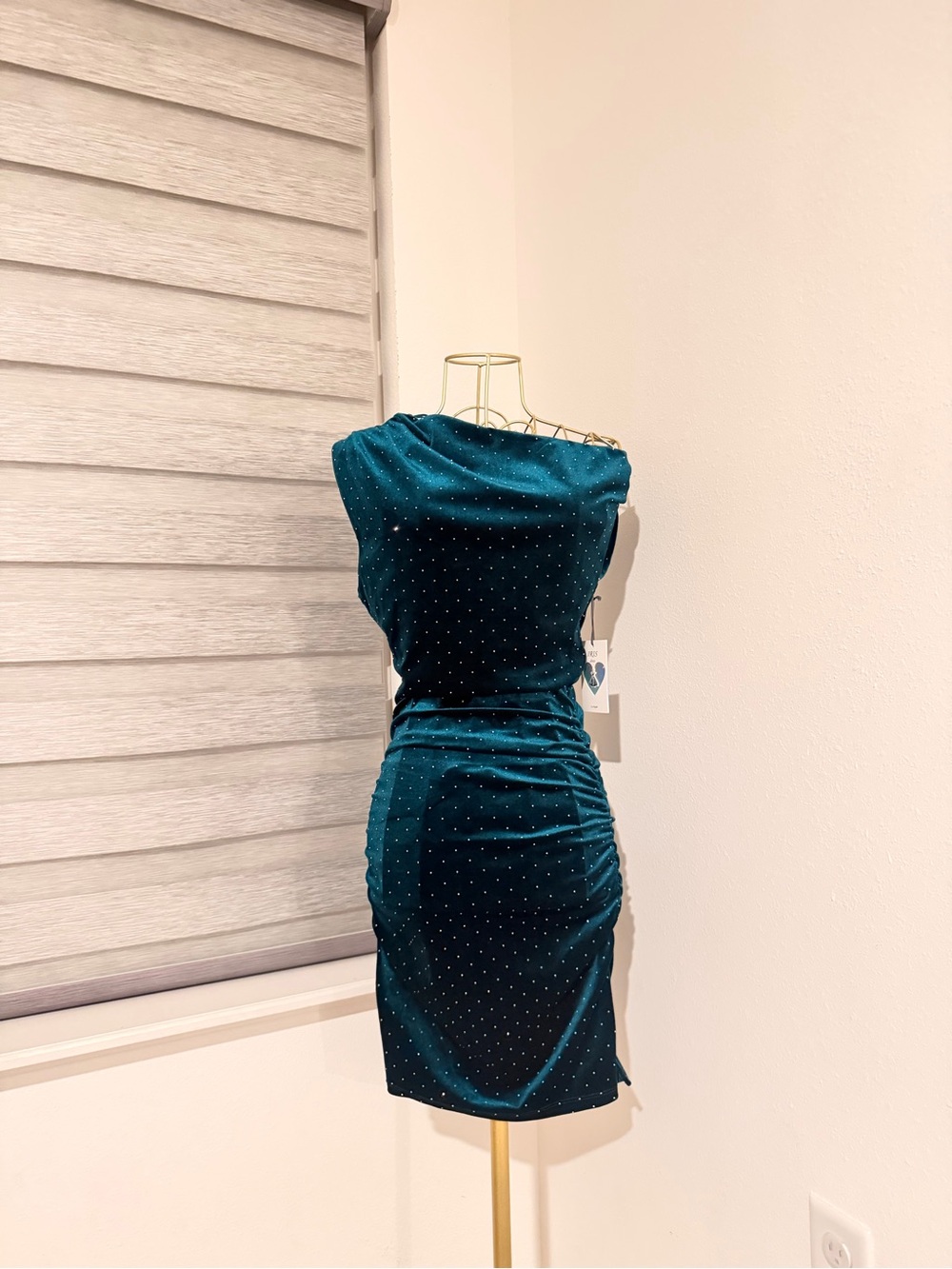 Teal Velvet Ruched One-Shoulder Dress with Rhinestone Detail